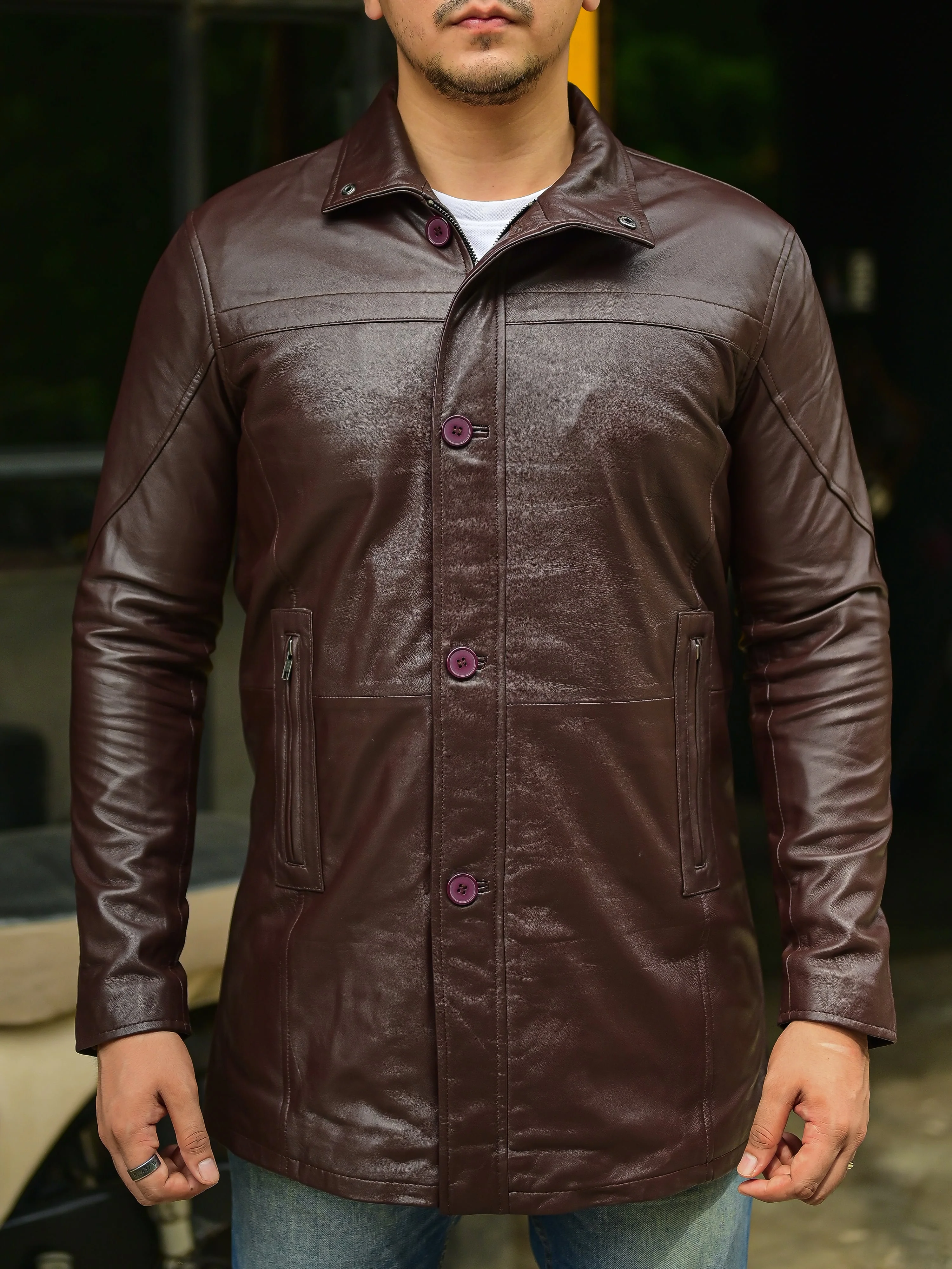 Jild 3/4 Length Brown Trench Leather Car Coats for Men